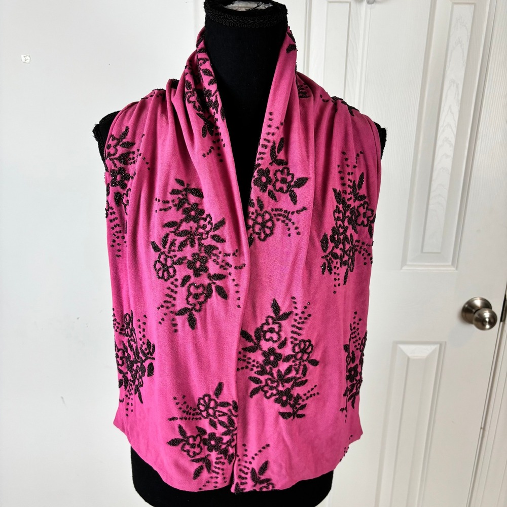K. Vaughn Magenta Pink Beaded Floral Knit Scarf Wrap Rectangular 51x9.5‎
